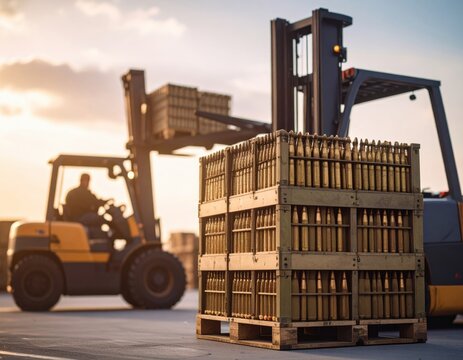 Industrial Forklift Handling Wooden Pallet with Ammunition in Transportation Yard