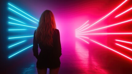 A silhouette of a person standing in a striking neon light tunnel, representing a journey into the unknown, evoking feelings of curiosity and exploration in the modern age.