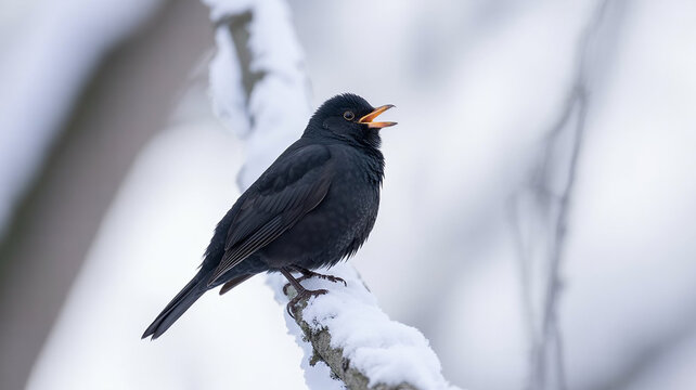 blac kbird in snow - Powered by Adobe