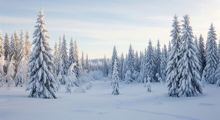 Fototapeta premium Majestic snow covered forest landscape with freshly fallen snow and evergreen trees in winter