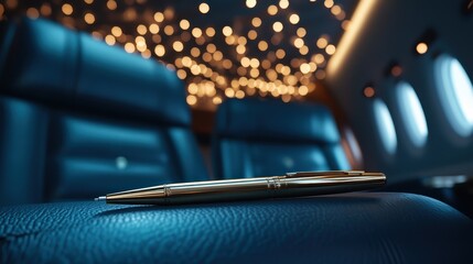 The interior of a luxurious private jet cabin, highlighted with soft lighting, features a polished gold pen resting on a plush seat, evoking exclusivity and elegance.