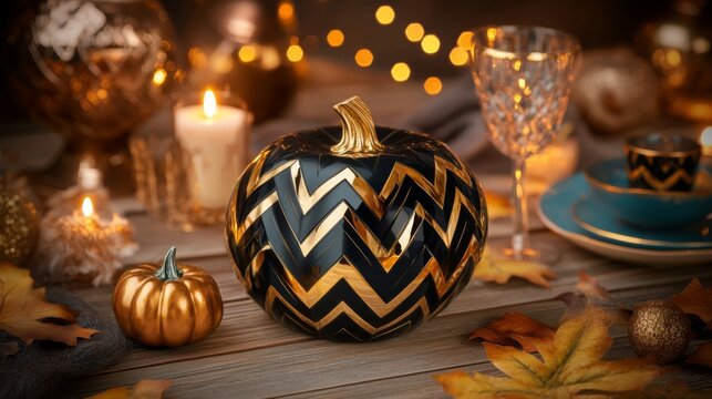 Black pumpkin with golden chevron stripes and small gold pumpkin on wooden table. Halloween celebration decor. Autumn harvest elements. All Hallows Eve, Samhain - Powered by Adobe