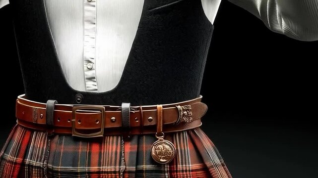 A plaid skirt, belt, and sporran, detailed close-up