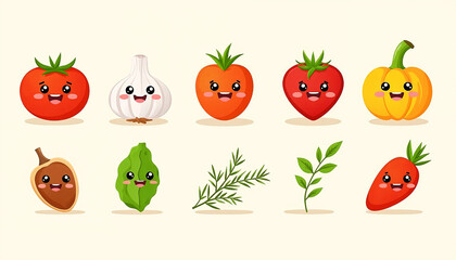 Fototapeta premium Assorted vegetables with faces in a colorful and cheerful illustration style