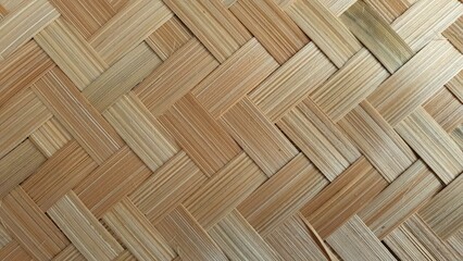 Close-up shot of intricately woven bamboo mat texture.  Natural, diagonal pattern.