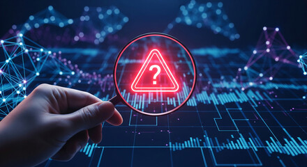 Hand holding magnifying glass over red warning sign with question mark, set against a digital data background, symbolizing problem-solving, data analysis, or risk assessment