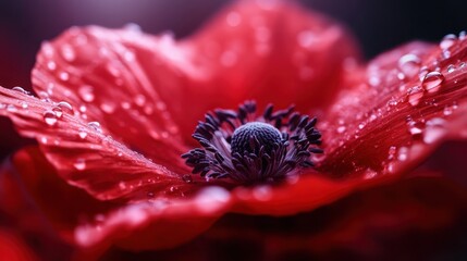 A macro shot highlights a red flower with dew droplets delicately resting on its petals, offering a glimpse into nature's beauty and intricacy, capturing both freshness and vibrancy.