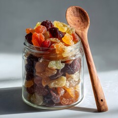 Colorful Dried Fruit in Glass Jar with Wooden Spoon | Healthy Snack Flat Lay on Rustic Background
