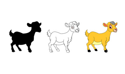 Cute Cartoon Goat with Silhouette and Outline – Farm Animal Illustration