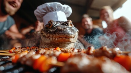 A humorous crocodile wearing a chef's hat focuses on BBQ skewers, creating a whimsical and fun culinary scene that embodies joy, creativity, and friendliness in cooking.