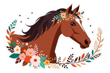 Elegant Horse Portrait with Floral Crown and Wreath-Beautiful Brown Horse with Flowers-Animal Art Print for Horse Lovers-Digital Illustration of a Majestic Horse