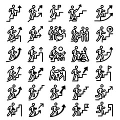 Set of business and career icons depicting people climbing stairs, teamwork, and reaching goals