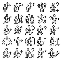 Line art illustrating the various human choices and paths with arrow concepts. The image conveys themes of decision making, guidance, and options 