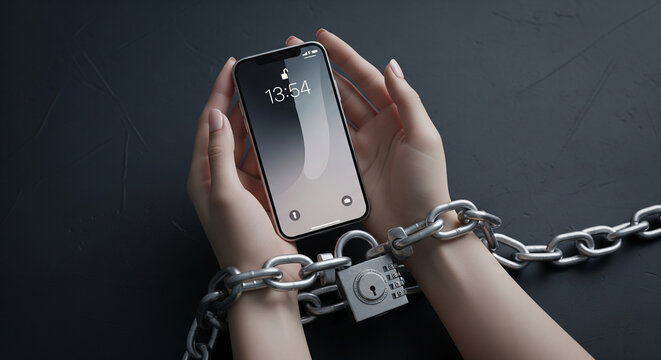 Hands holding smartphone, bound by chain and padlock, symbolizes technology addiction or digital dependence, dark background