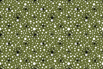 Seamless Green Floral Pattern with Hand-Drawn Flowers and White Polka Dots