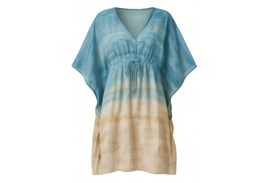 Blue and beige tie-dye kaftan dress draping loosely, highlighting breezy summer style with vivid color gradient and relaxed silhouette