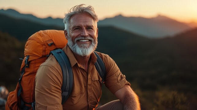 A joyful older man with a gray beard smiles while resting on a mountain trail, showcasing the beauty of nature and the thrill of adventure in outdoor exploration.
