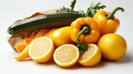 An arrangement of vibrant vegetables including lemons and peppers, representing freshness and health, ideal for culinary inspiration and healthy meal preparation.