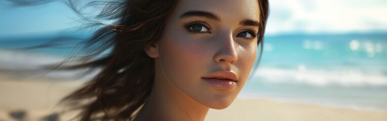 A stunning woman relaxes on the beach during summer, her hair dancing with the ocean breeze. The bright sunlight illuminates her radiant skin and captivating features, creating a serene moment