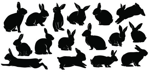 Rabbit Silhouettes Pack: Set of rabbit silhouette in various poses, perfect for nature-inspired graphic design.