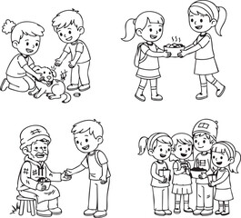 Children engaging in acts of kindness like petting a dog sharing food and helping an elder.