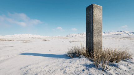 Tall concrete monolith stands in snowy field with dry grass under clear blue sky, evoking solitude and mystery