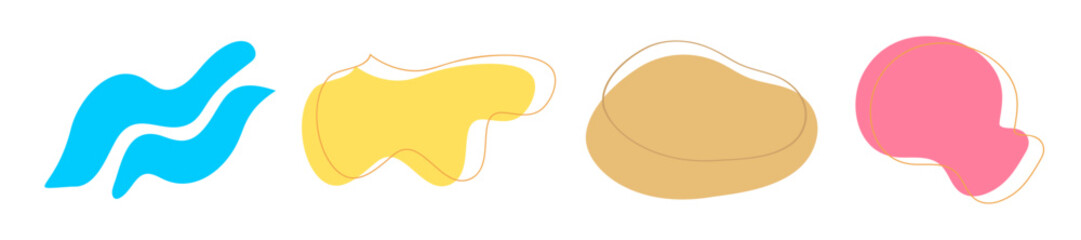 Curve geometric shapes freehand blob drawings. Colorful summer background abstract objects - waves, sand, sunlight symbols. Cute organic frames. Simple spotted signs group. Vector template collection.