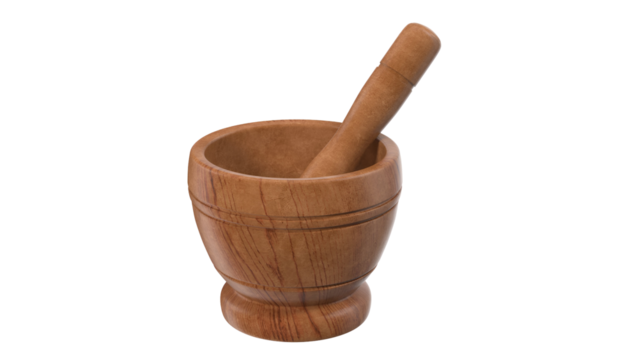 A wooden mortar and pestle used for grinding and mixing ingredients in cooking.