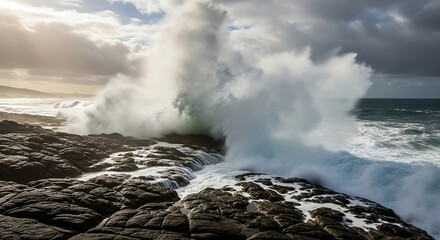 Powerful ocean wave crashing against rocky coastline during stormy weather conditions