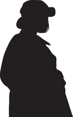 Black silhouette of person in cap and a coat looking side her hands in pocket