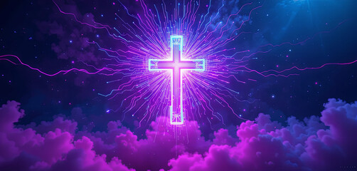 A glowing cross emits radiant light against a dark, starry sky. Surrounded by vibrant purple and blue clouds, the scene exudes a sense of power and spirituality at night