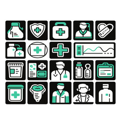 Set of outlined icons featuring doctor, medical report, pills, cross, heart, hospital, syringe, and diagnostics, public health icon with dark background.