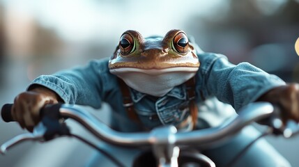 A whimsical frog dressed in denim and riding a bicycle, showcasing an imaginative and playful scene that's sure to bring a smile to anyone's face.