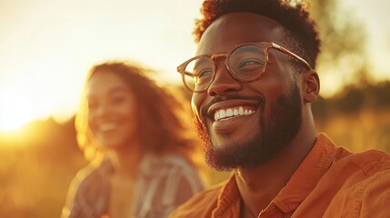 Two friends enjoy a cheerful moment outdoors during sunset, radiating warmth and happiness. Their smiles bright against the golden backdrop symbolize friendship and joy.