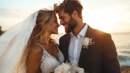 An embracing couple in wedding attire smiles joyously at each other against a breathtaking sunset backdrop, capturing the essence of love, happiness, and new beginnings.