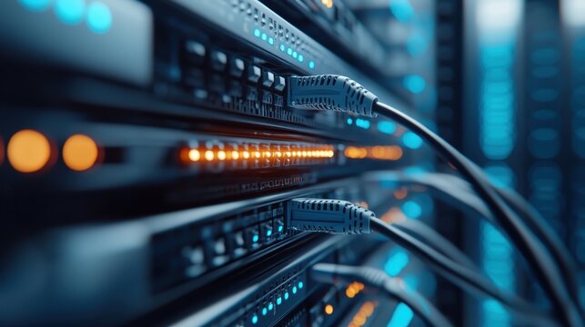 A close-up view of a modern server rack featuring illuminated ports and connected cables, showcasing the advanced technology behind data storage and processing.