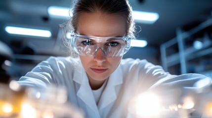 A determined scientist in a laboratory intensely focuses on her work, surrounded by various glass instruments, embodying the dedication and precision essential for scientific discovery.