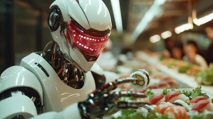 A sleek and modern robot, equipped with advanced technology, carefully prepares sushi, blending culinary art with robotics, showcasing the future of dining and innovation in food service.