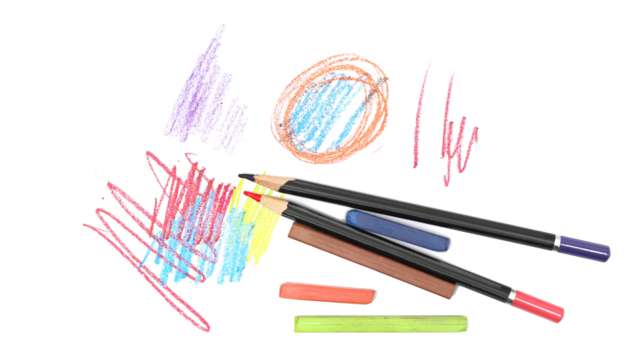 Wooden crayons and colorful hard pastel isolated on white, top view	