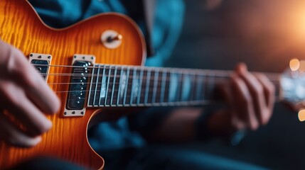 Obraz premium An engaging close-up shot of a musician playing an electric guitar, showcasing the instrument's craftsmanship and the artist's passionate performance in dramatic lighting.
