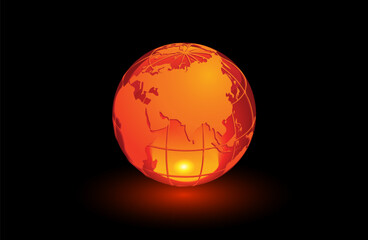 Glowing Red Earth Globe with Asia and Europe Highlighted