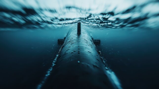 A dramatic underwater shot of a submarine just below the surface, captured in a dynamic perspective with light filtering through the water's surface, evoking feelings of mystery.