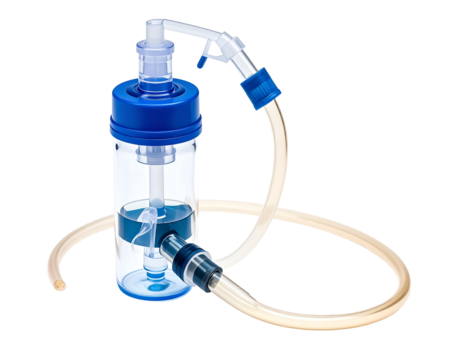 Transparent medical device for aspiration and suction with blue cap and flexible tubing for fluid handling