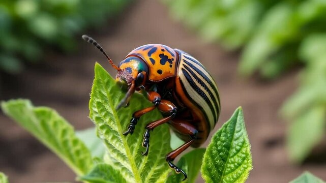 Colorado potato beetle eats green potato leaves closeup