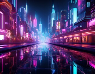 abstract neon mega city with light reflection from puddles on street concept for night life never sleep business district center cbd cyber punk theme