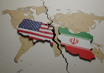A torn paper map with U.S. flag on one fragment and Iranian flag on the other, symbolizing fractured diplomacy