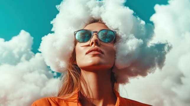 A surreal portrait of a woman with cloud-like hair, wearing stylish sunglasses, evoking a sense of whimsy and creativity against a vibrant sky filled with fluffy clouds.