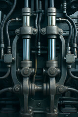A complex industrial mechanism featuring intertwined pipes and metallic structures, showcasing intricate details and robust engineering