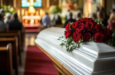 Close-up view of a beautifully arranged white casket adorned with vibrant roses showcasing a serene final tribute