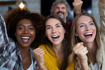 Fototapeta premium Team Celebration After MVP Launch, Joyful Group of People in Office, Business Startup Meeting, Happy Faces With Light Tones